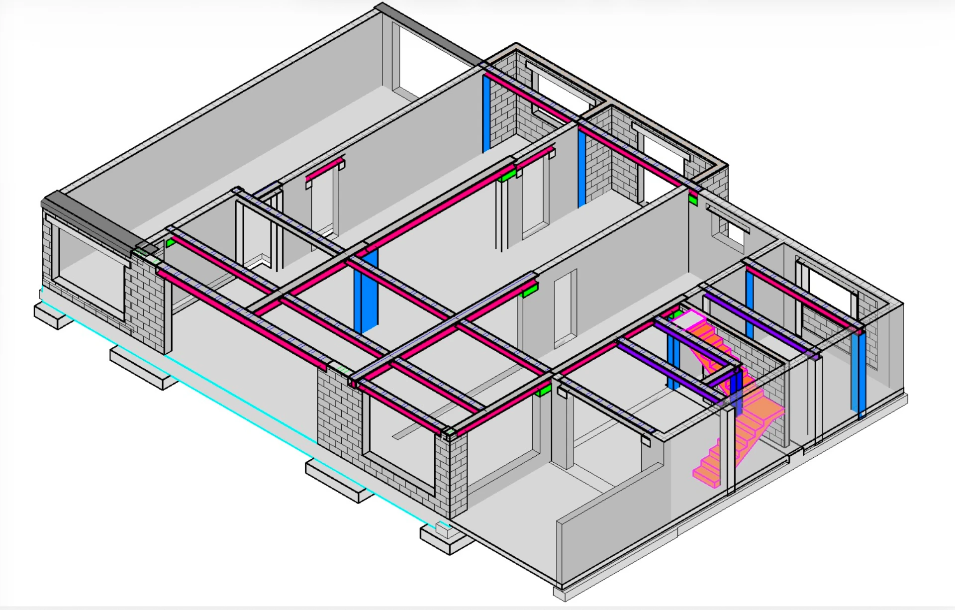 Vue Revit colorée : poutres, poteaux, escalier et éléments structurels intégrés au bâtiment existant