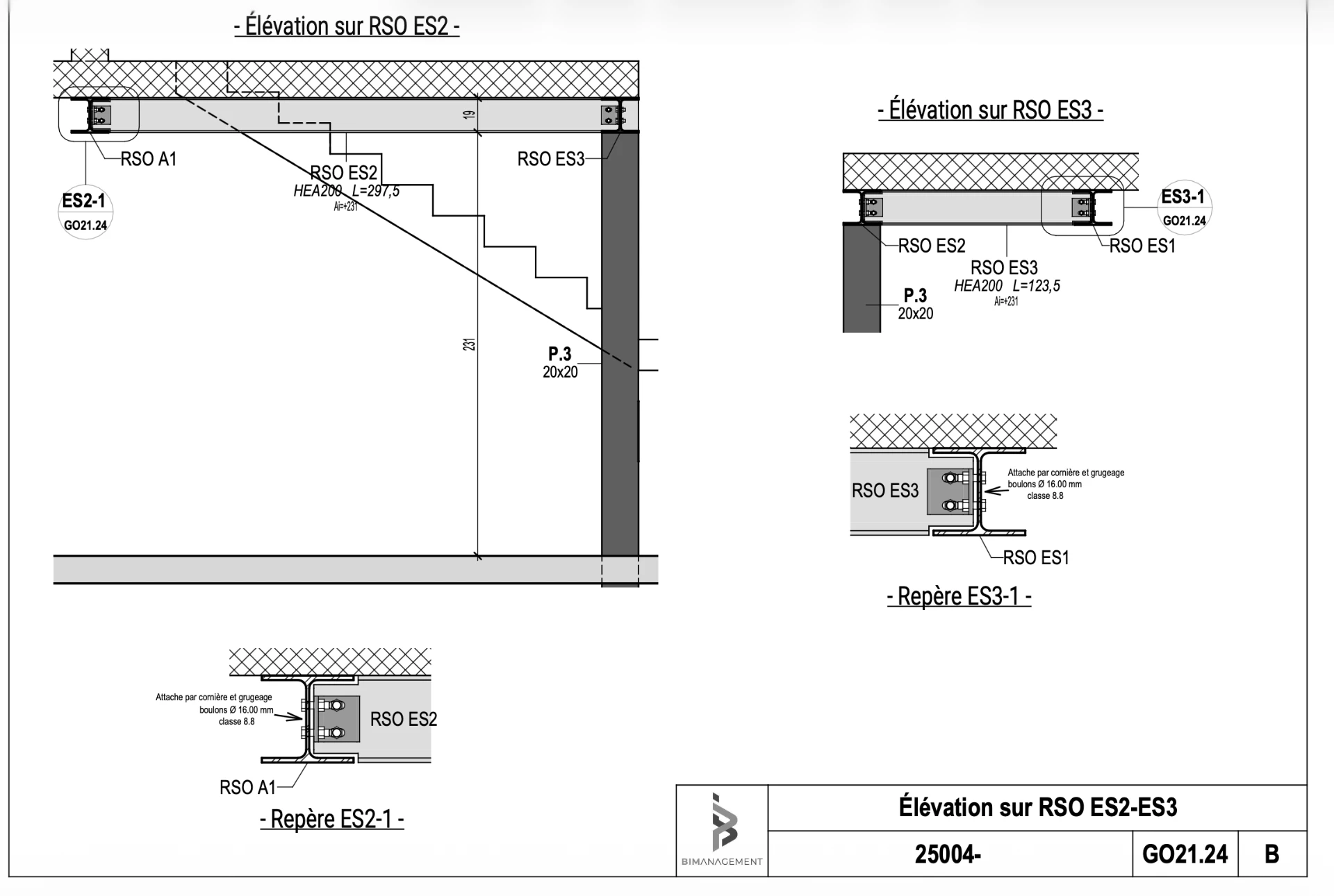 Élévation sur RSO ES2-ES3 — HEA200 et détails de connexion par cornière et grugeage