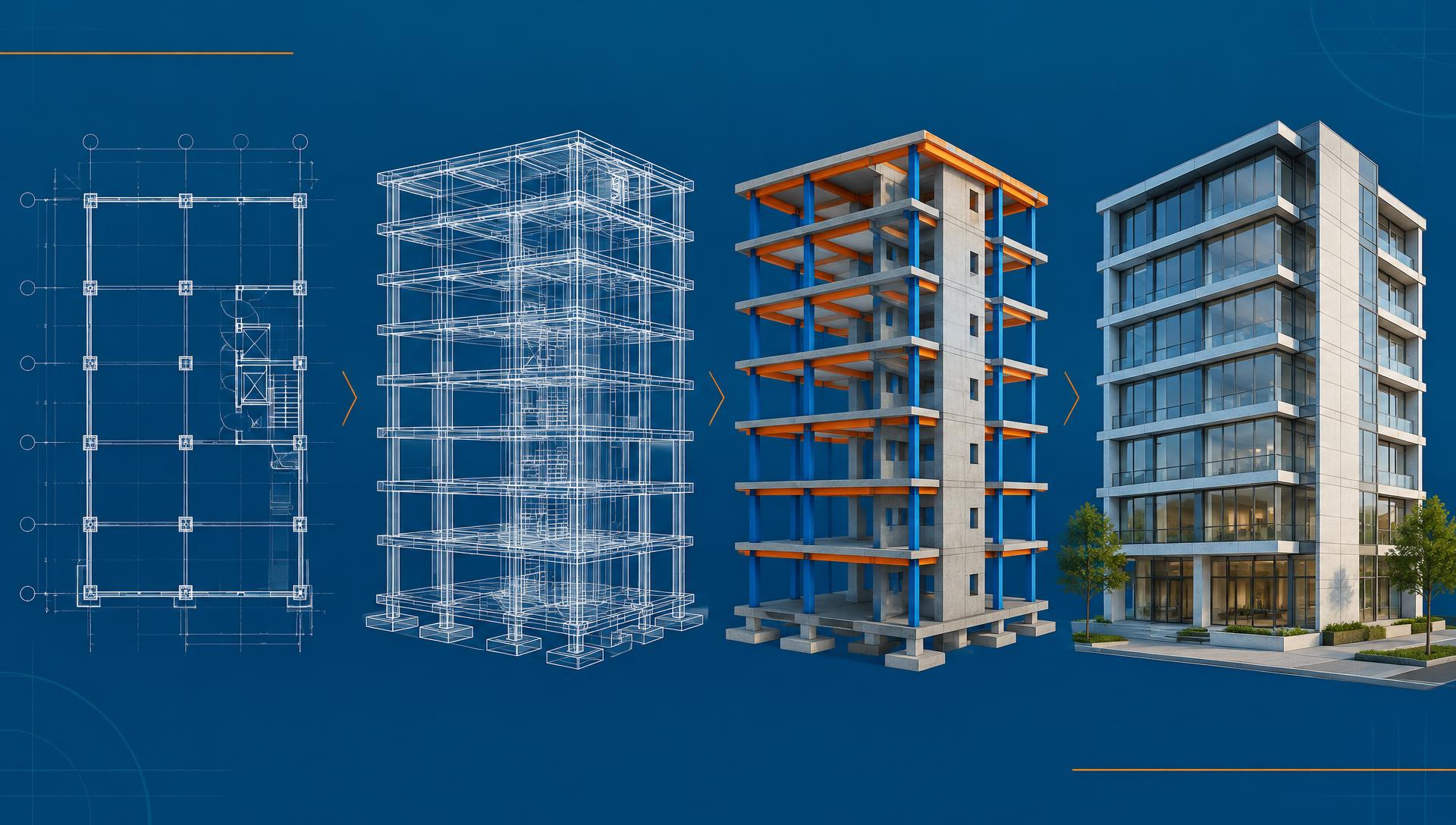 Un même bâtiment représenté du plan 2D à la maquette numérique puis à l'ouvrage construit