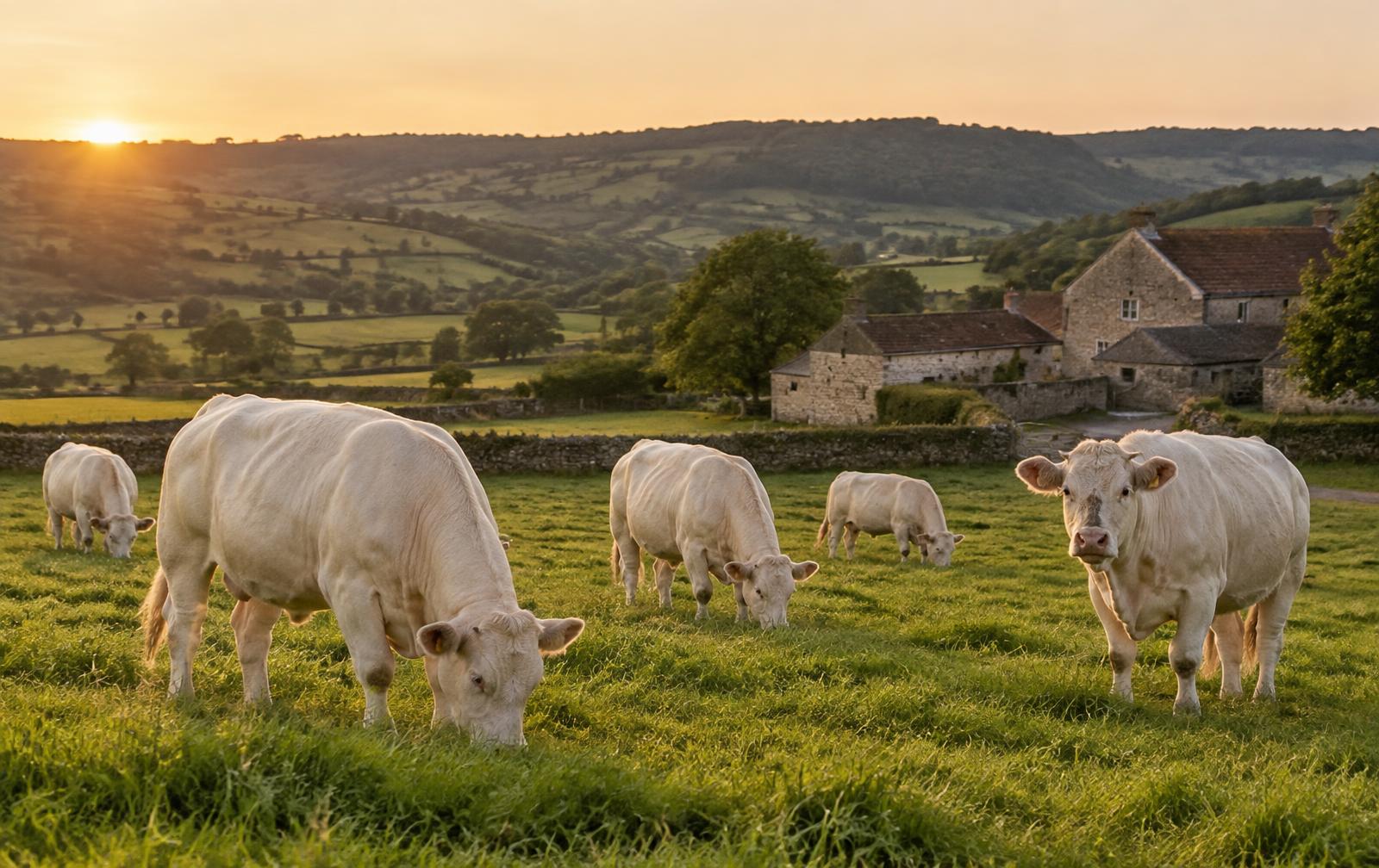 Troupeau de vaches charolaises au pâturage devant la ferme