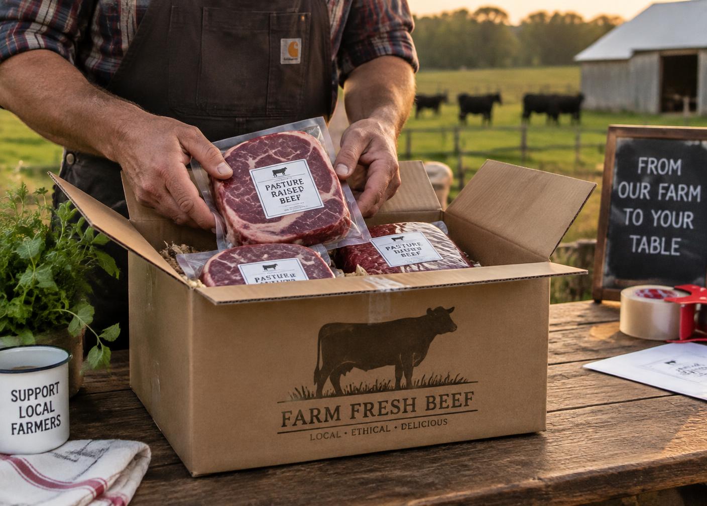Colis de viande préparé à la ferme pour la vente directe