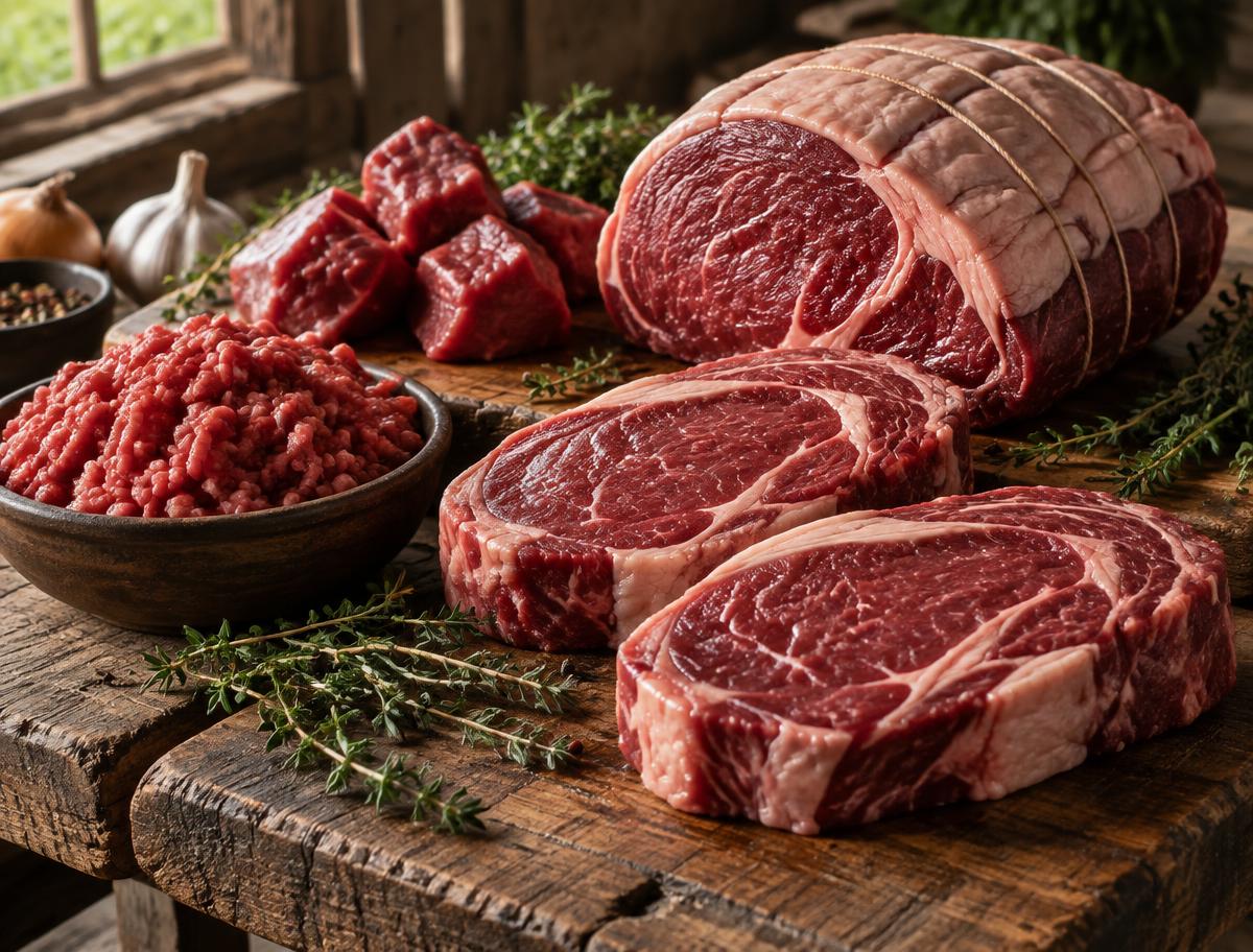 Côtes de bœuf et steak haché sur une planche de boucher