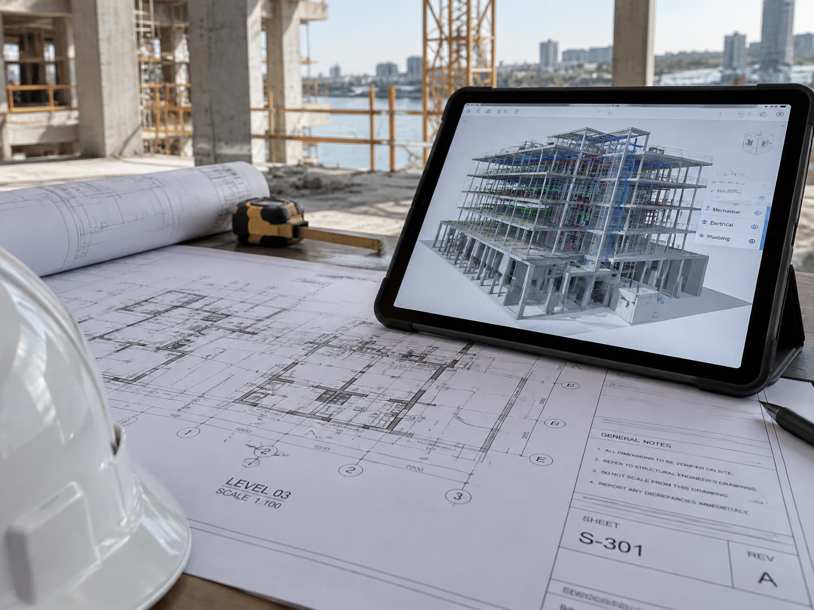 Plans structure et maquette numérique consultés sur un chantier