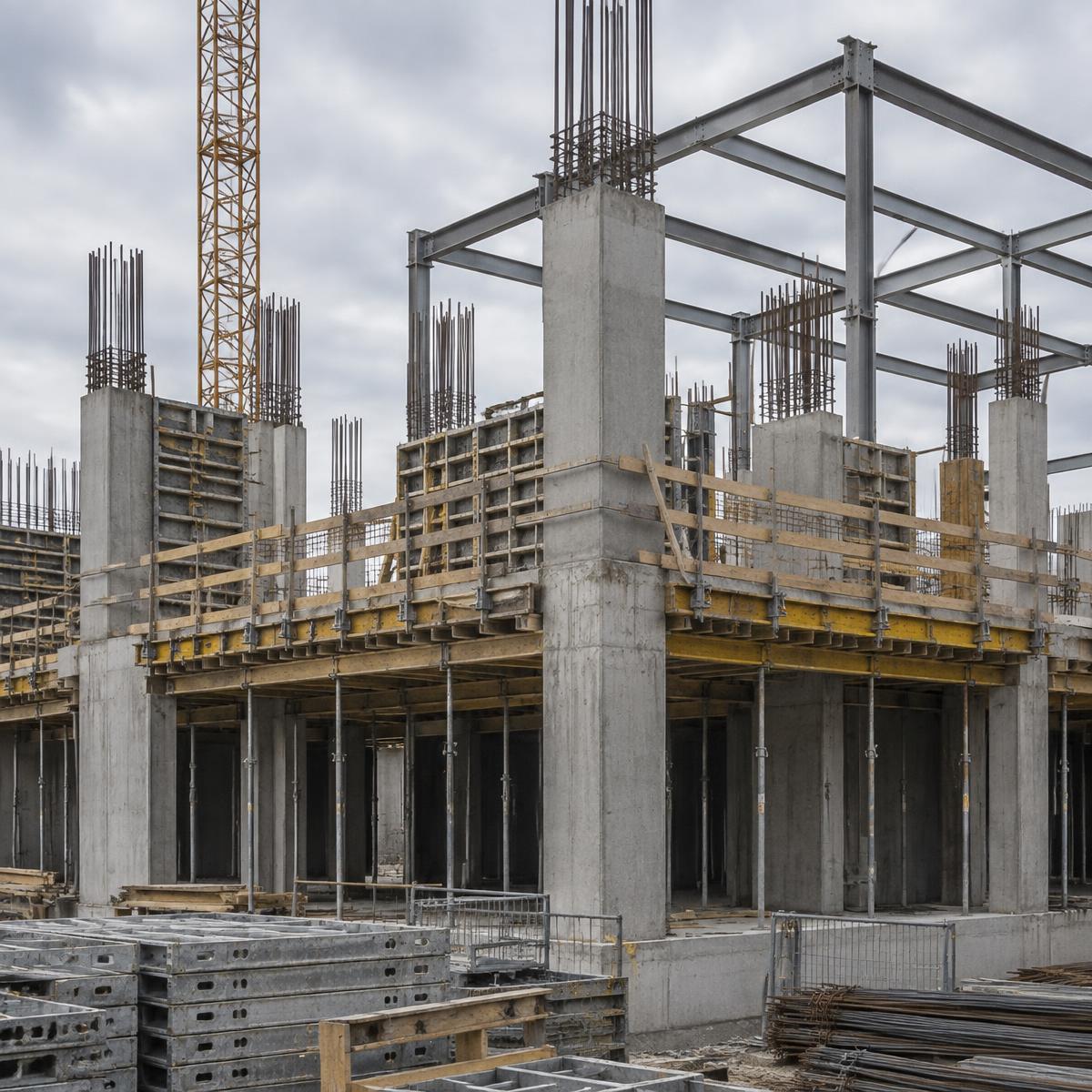 Structure béton et charpente métallique d'un bâtiment neuf en cours de construction