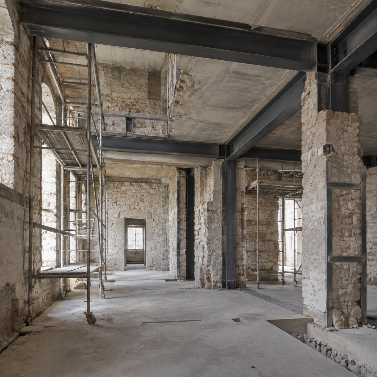 Structure existante d'un bâtiment en réhabilitation renforcée par des poutres métalliques