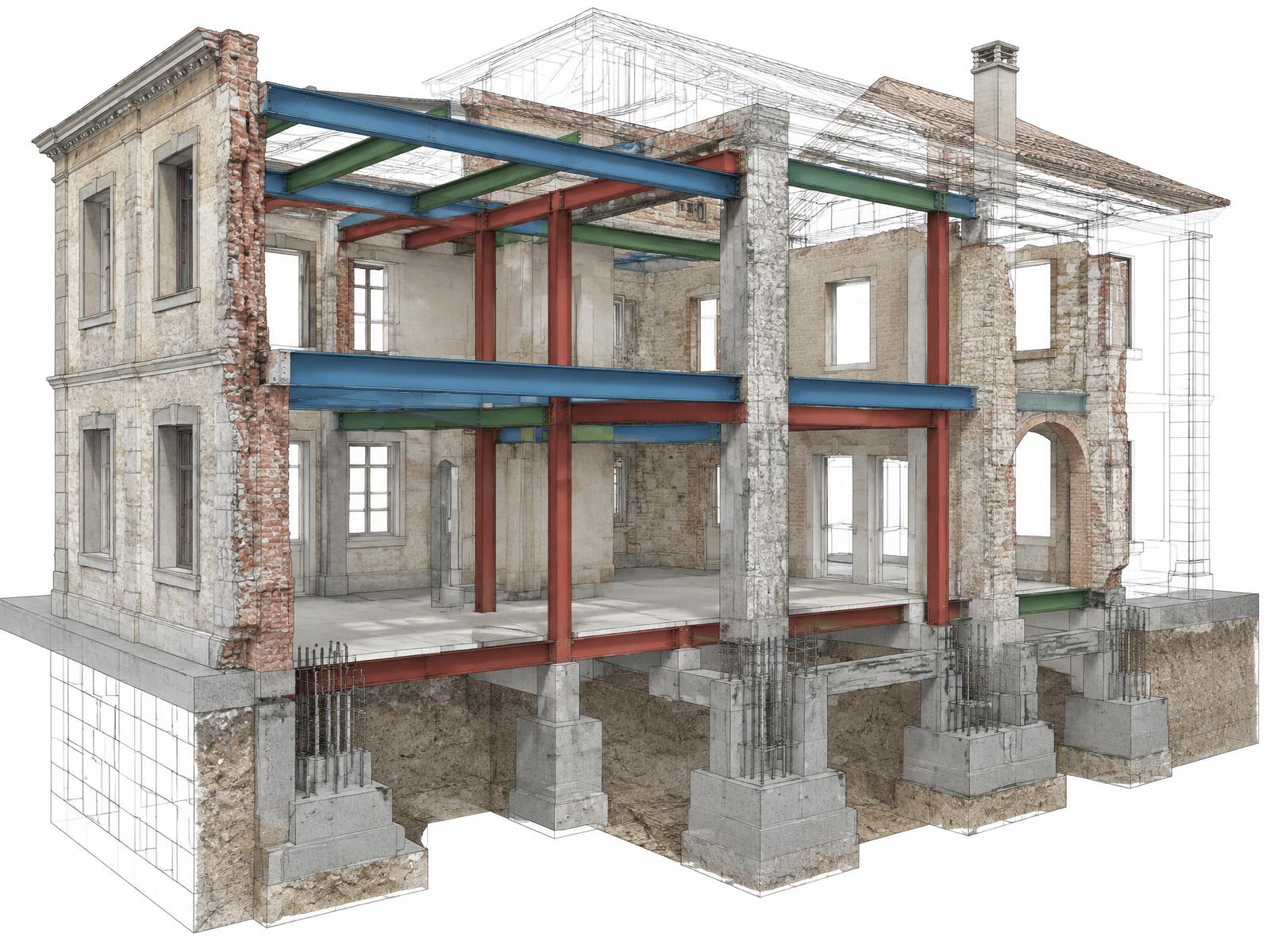 Vue 3D du modèle Revit : reprises en sous-œuvre, profilés métalliques et éléments béton