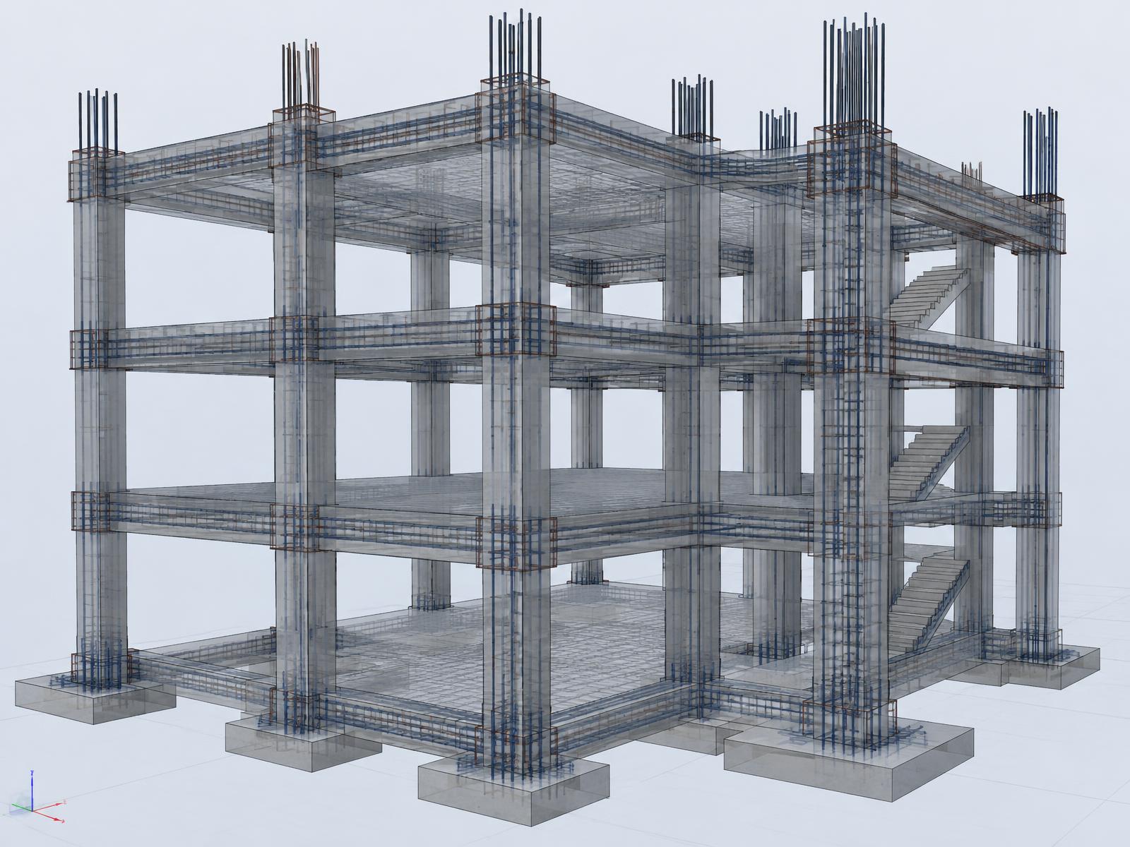 Maquette numérique de structure béton armé : poteaux, poutres, dalles et ferraillage modélisés
